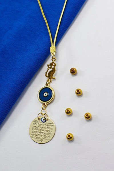 Mineli Nazar Kedili Metal Ayetel Kürsi Araba Dikiz Ayna Süsü, Gold Renkli