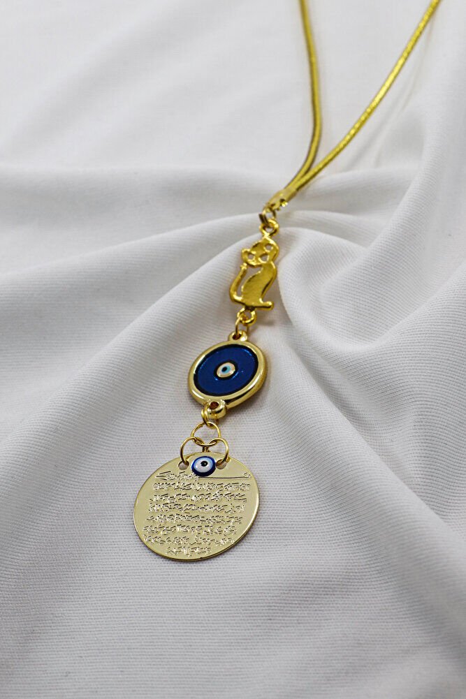 Mineli Nazar Kedili Metal Ayetel Kürsi Araba Dikiz Ayna Süsü, Gold Renkli