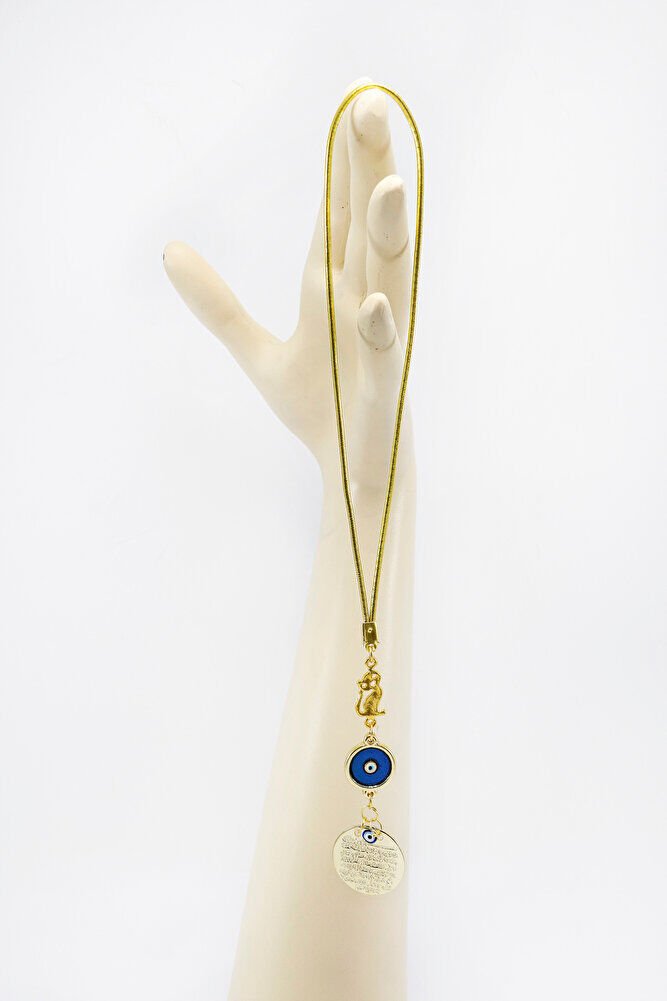 Mineli Nazar Kedili Metal Ayetel Kürsi Araba Dikiz Ayna Süsü, Gold Renkli