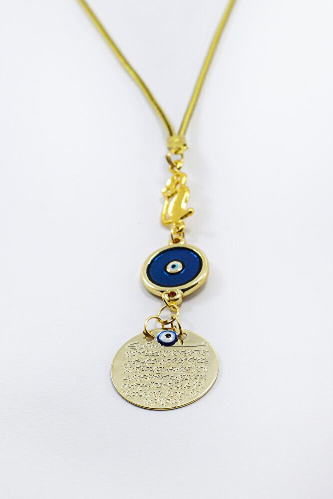 Mineli Nazar Kedili Metal Ayetel Kürsi Araba Dikiz Ayna Süsü, Gold Renkli