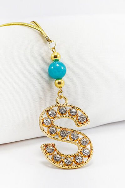 Gold Renkli Turkuaz Doğal Boncuk Parlak Taşlı S Harfi Araba Dikiz Ayna Süsü, Yeni Araba Hediyesi