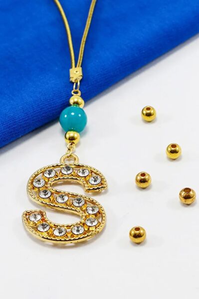 Gold Renkli Turkuaz Doğal Boncuk Parlak Taşlı S Harfi Araba Dikiz Ayna Süsü, Yeni Araba Hediyesi