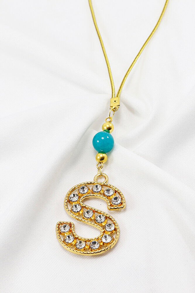 Gold Renkli Turkuaz Doğal Boncuk Parlak Taşlı S Harfi Araba Dikiz Ayna Süsü, Yeni Araba Hediyesi