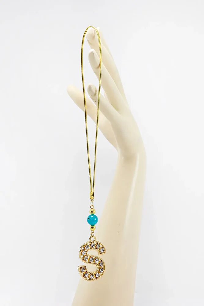 Gold Renkli Turkuaz Doğal Boncuk Parlak Taşlı S Harfi Araba Dikiz Ayna Süsü, Yeni Araba Hediyesi