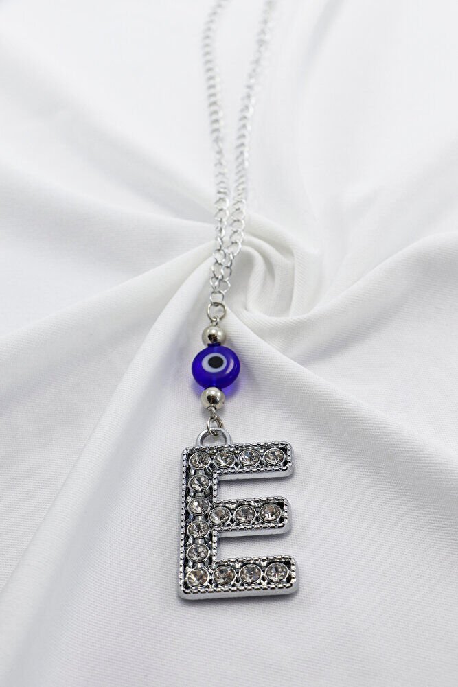 Kristal Taşlı E Harfi Metalik Renk Araba Dikiz Ayna Süsü, Hediyelik Nazar Boncuklu Araba Süsü