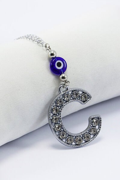 Kristal Taşlı C Harfi Metalik Renk Araba Dikiz Ayna Süsü, Hediyelik Nazar Boncuklu Araba Süsü