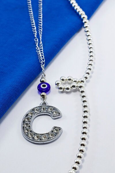 Kristal Taşlı C Harfi Metalik Renk Araba Dikiz Ayna Süsü, Hediyelik Nazar Boncuklu Araba Süsü