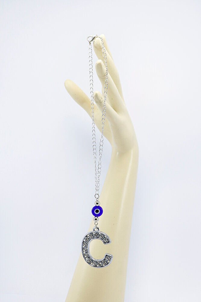 Kristal Taşlı C Harfi Metalik Renk Araba Dikiz Ayna Süsü, Hediyelik Nazar Boncuklu Araba Süsü