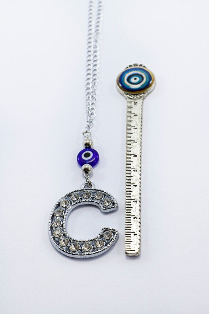 Kristal Taşlı C Harfi Metalik Renk Araba Dikiz Ayna Süsü, Hediyelik Nazar Boncuklu Araba Süsü