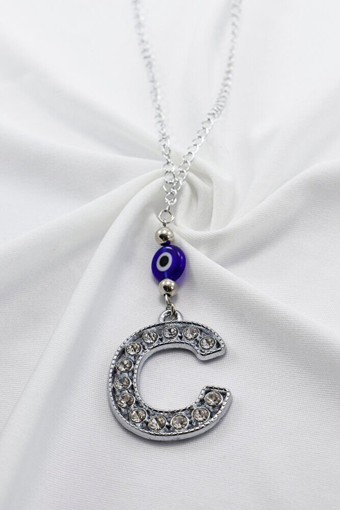 Kristal Taşlı C Harfi Metalik Renk Araba Dikiz Ayna Süsü, Hediyelik Nazar Boncuklu Araba Süsü