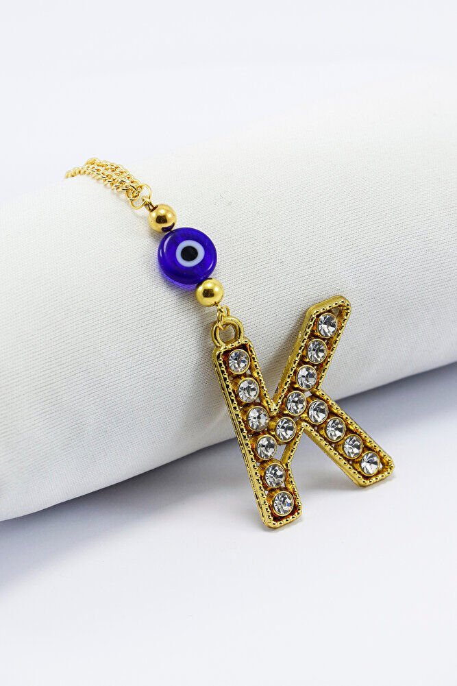 Gold Renkli Parlak Taşlı Yassı Cam Nazar Boncuklu K Harfi Araba Dikiz Ayna Süsü, Yeni Araba Hediyesi