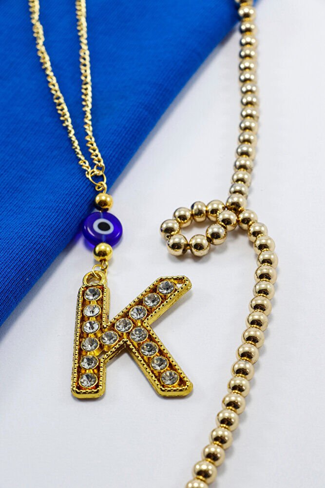 Gold Renkli Parlak Taşlı Yassı Cam Nazar Boncuklu K Harfi Araba Dikiz Ayna Süsü, Yeni Araba Hediyesi