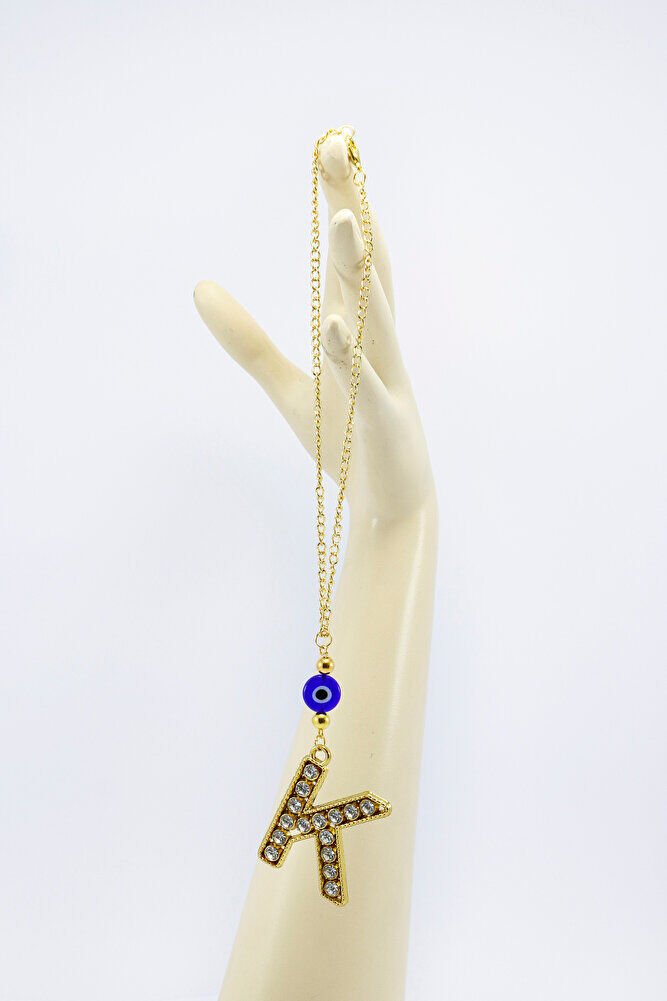 Gold Renkli Parlak Taşlı Yassı Cam Nazar Boncuklu K Harfi Araba Dikiz Ayna Süsü, Yeni Araba Hediyesi