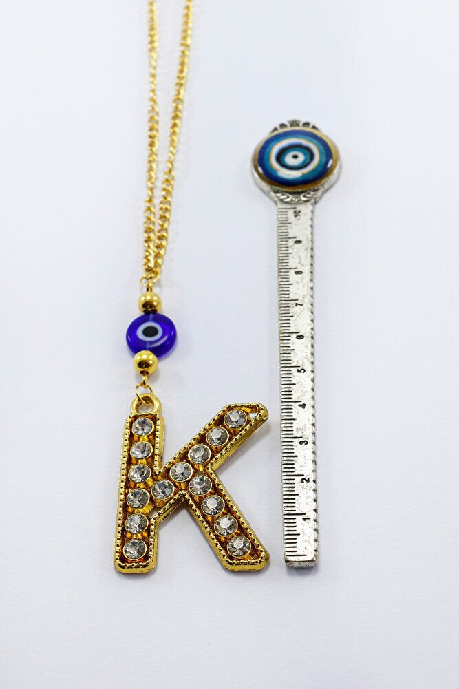 Gold Renkli Parlak Taşlı Yassı Cam Nazar Boncuklu K Harfi Araba Dikiz Ayna Süsü, Yeni Araba Hediyesi