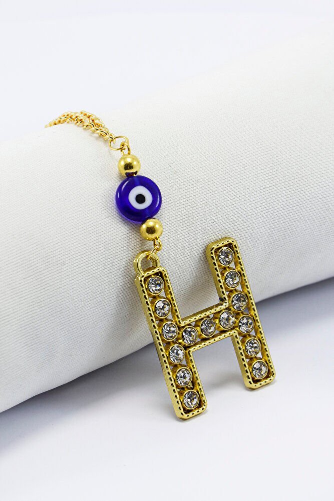 Gold Renkli Parlak Taşlı Yassı Cam Nazar Boncuklu H Harfi Araba Dikiz Ayna Süsü, Yeni Araba Hediyesi