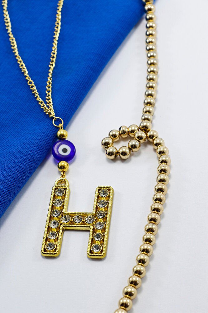 Gold Renkli Parlak Taşlı Yassı Cam Nazar Boncuklu H Harfi Araba Dikiz Ayna Süsü, Yeni Araba Hediyesi