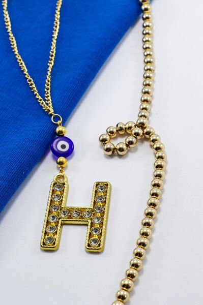 Gold Renkli Parlak Taşlı Yassı Cam Nazar Boncuklu H Harfi Araba Dikiz Ayna Süsü, Yeni Araba Hediyesi