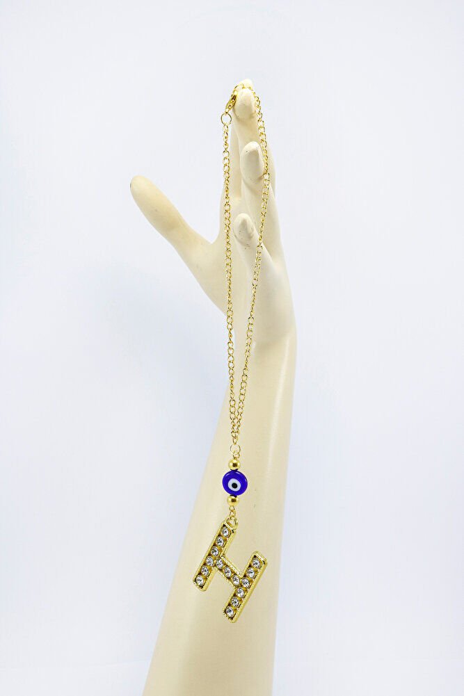 Gold Renkli Parlak Taşlı Yassı Cam Nazar Boncuklu H Harfi Araba Dikiz Ayna Süsü, Yeni Araba Hediyesi