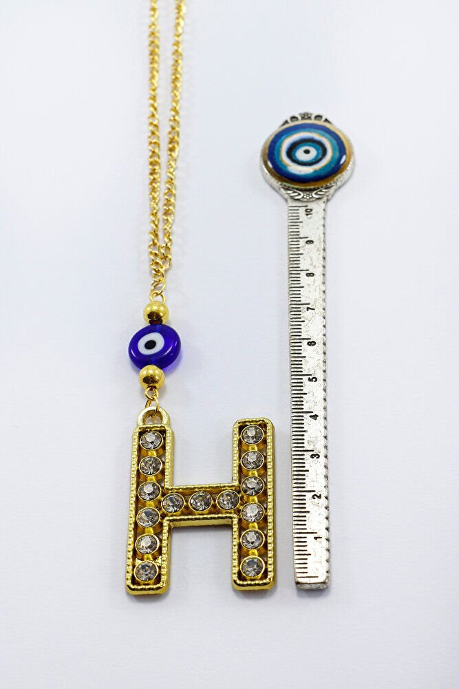 Gold Renkli Parlak Taşlı Yassı Cam Nazar Boncuklu H Harfi Araba Dikiz Ayna Süsü, Yeni Araba Hediyesi