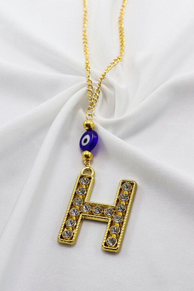 Gold Renkli Parlak Taşlı Yassı Cam Nazar Boncuklu H Harfi Araba Dikiz Ayna Süsü, Yeni Araba Hediyesi