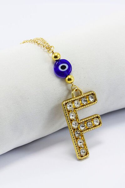 Gold Renkli Parlak Taşlı Yassı Cam Nazar Boncuklu F Harfi Araba Dikiz Ayna Süsü, Yeni Araba Hediyesi