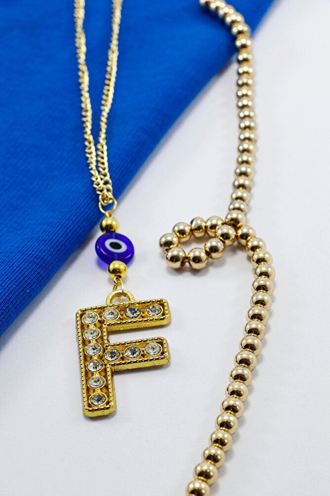 Gold Renkli Parlak Taşlı Yassı Cam Nazar Boncuklu F Harfi Araba Dikiz Ayna Süsü, Yeni Araba Hediyesi