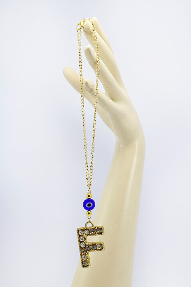 Gold Renkli Parlak Taşlı Yassı Cam Nazar Boncuklu F Harfi Araba Dikiz Ayna Süsü, Yeni Araba Hediyesi