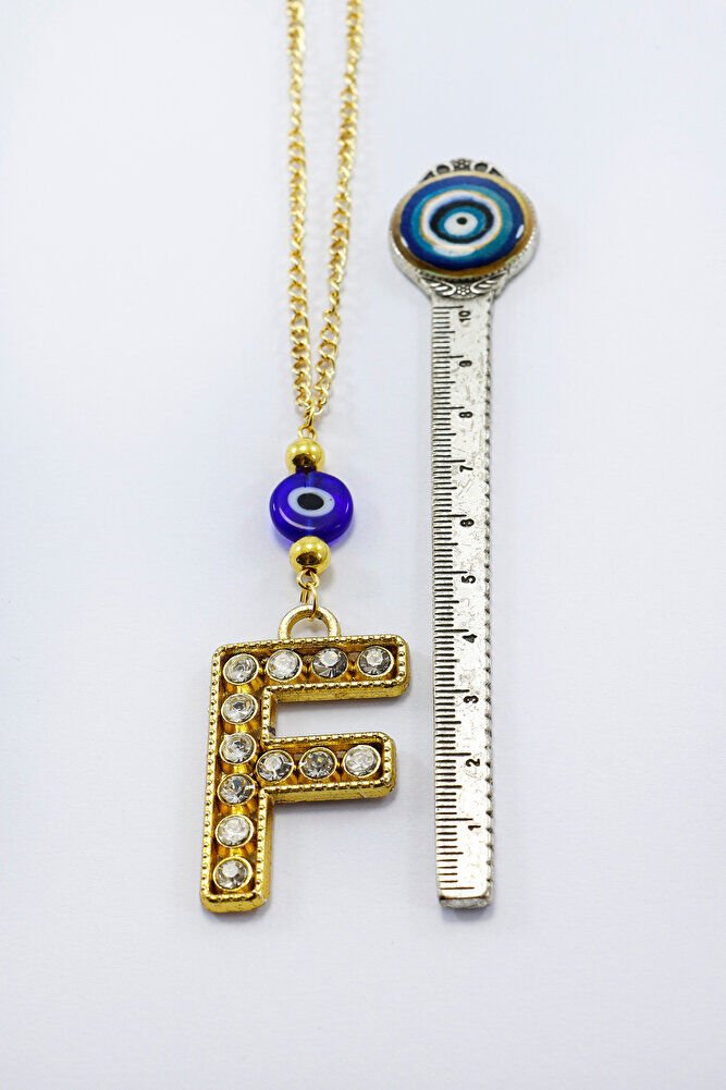 Gold Renkli Parlak Taşlı Yassı Cam Nazar Boncuklu F Harfi Araba Dikiz Ayna Süsü, Yeni Araba Hediyesi