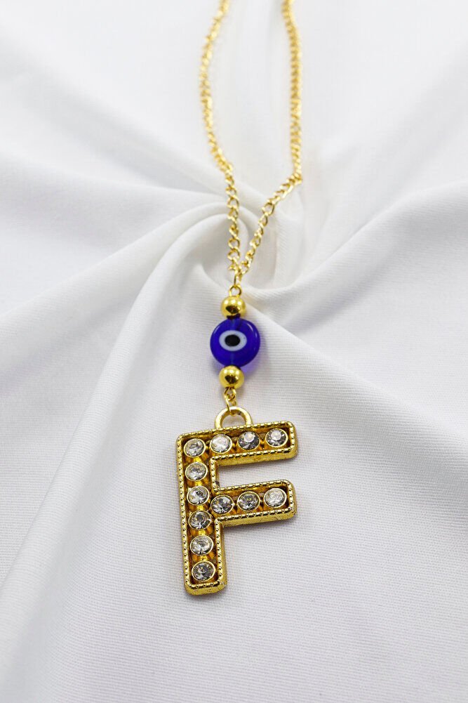 Gold Renkli Parlak Taşlı Yassı Cam Nazar Boncuklu F Harfi Araba Dikiz Ayna Süsü, Yeni Araba Hediyesi