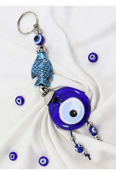 Navy Blue, Fish Figured Handmade Glass Evil Eye Beaded Keychain