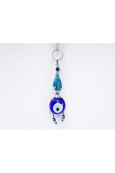 Navy Blue, Fish Figured Handmade Glass Evil Eye Beaded Keychain