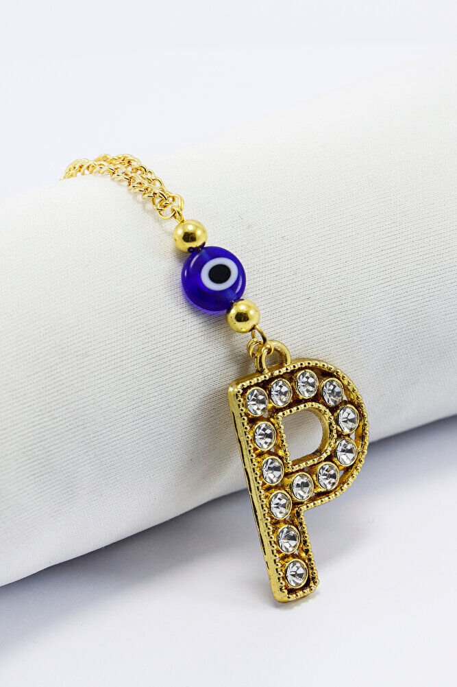 Gold Renkli Parlak Taşlı Yassı Cam Nazar Boncuklu P Harfi Araba Dikiz Ayna Süsü, Yeni Araba Hediyesi