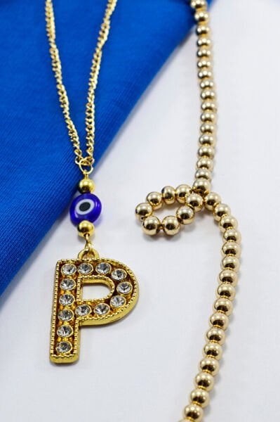 Gold Renkli Parlak Taşlı Yassı Cam Nazar Boncuklu P Harfi Araba Dikiz Ayna Süsü, Yeni Araba Hediyesi