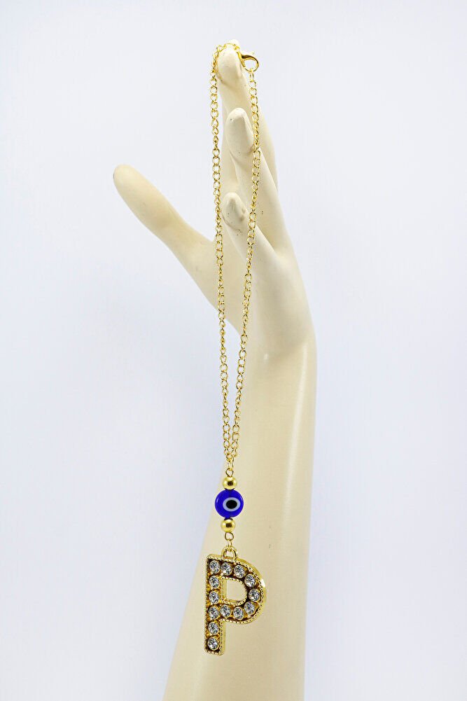 Gold Renkli Parlak Taşlı Yassı Cam Nazar Boncuklu P Harfi Araba Dikiz Ayna Süsü, Yeni Araba Hediyesi