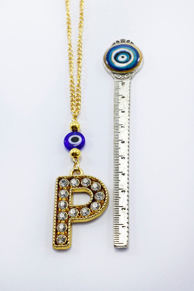 Gold Renkli Parlak Taşlı Yassı Cam Nazar Boncuklu P Harfi Araba Dikiz Ayna Süsü, Yeni Araba Hediyesi