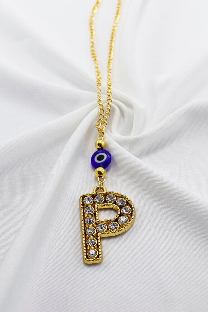 Gold Renkli Parlak Taşlı Yassı Cam Nazar Boncuklu P Harfi Araba Dikiz Ayna Süsü, Yeni Araba Hediyesi