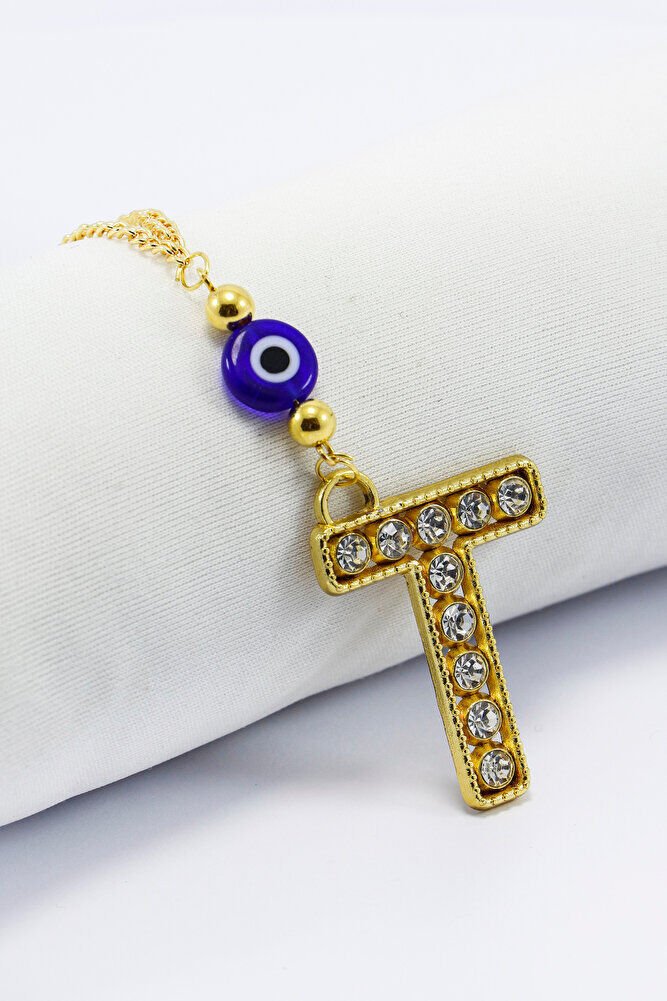 Gold Renkli Parlak Taşlı Yassı Cam Nazar Boncuklu T Harfi Araba Dikiz Ayna Süsü, Yeni Araba Hediyesi