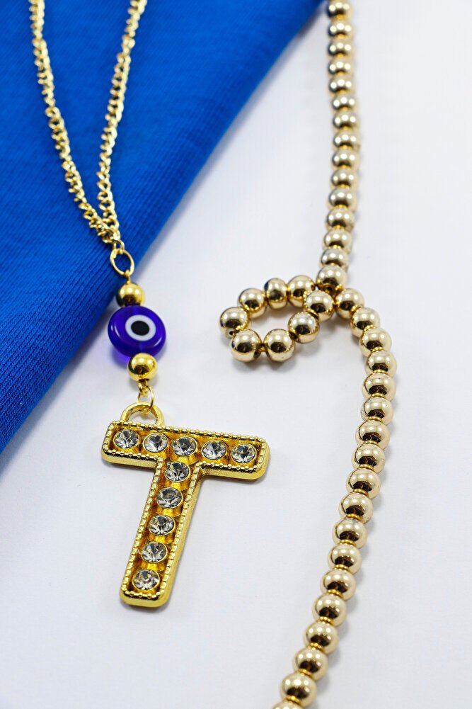 Gold Renkli Parlak Taşlı Yassı Cam Nazar Boncuklu T Harfi Araba Dikiz Ayna Süsü, Yeni Araba Hediyesi