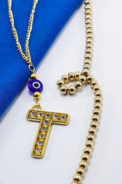 Gold Renkli Parlak Taşlı Yassı Cam Nazar Boncuklu T Harfi Araba Dikiz Ayna Süsü, Yeni Araba Hediyesi