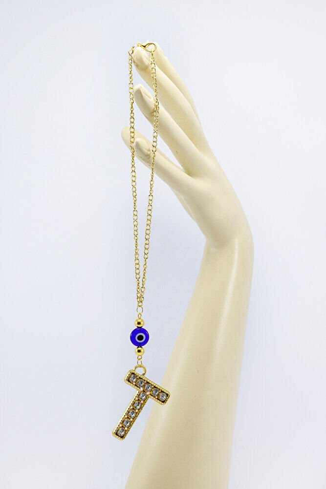 Gold Renkli Parlak Taşlı Yassı Cam Nazar Boncuklu T Harfi Araba Dikiz Ayna Süsü, Yeni Araba Hediyesi