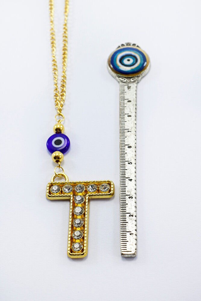 Gold Renkli Parlak Taşlı Yassı Cam Nazar Boncuklu T Harfi Araba Dikiz Ayna Süsü, Yeni Araba Hediyesi