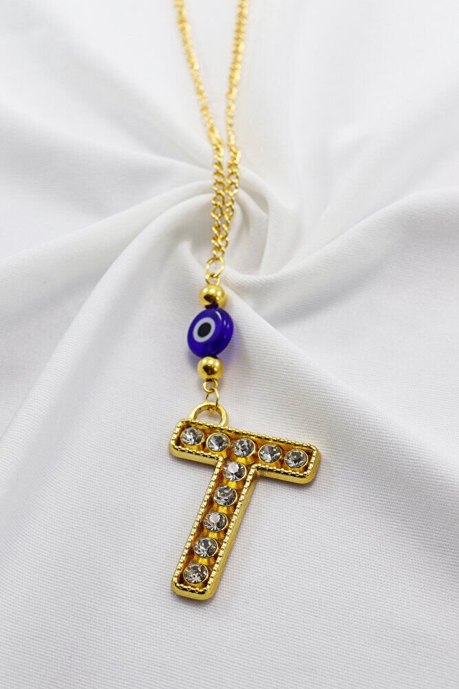 Gold Renkli Parlak Taşlı Yassı Cam Nazar Boncuklu T Harfi Araba Dikiz Ayna Süsü, Yeni Araba Hediyesi