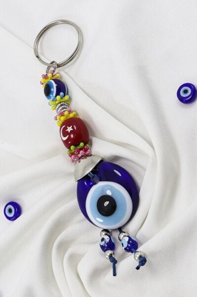 Navy Blue, Crescent Star Turkish Flag Handmade Glass Evil Eye Beaded Keychain
