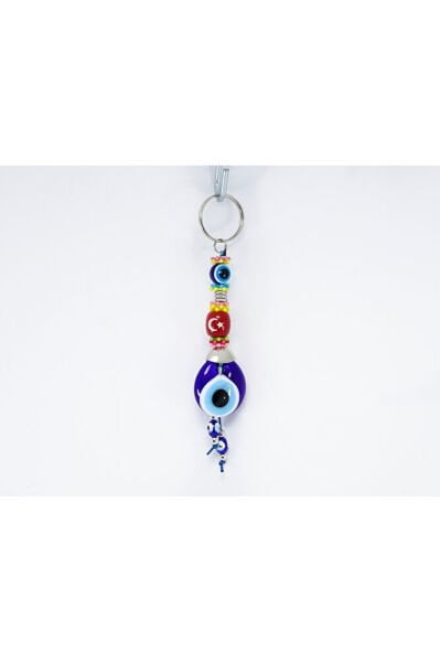 Navy Blue, Crescent Star Turkish Flag Handmade Glass Evil Eye Beaded Keychain