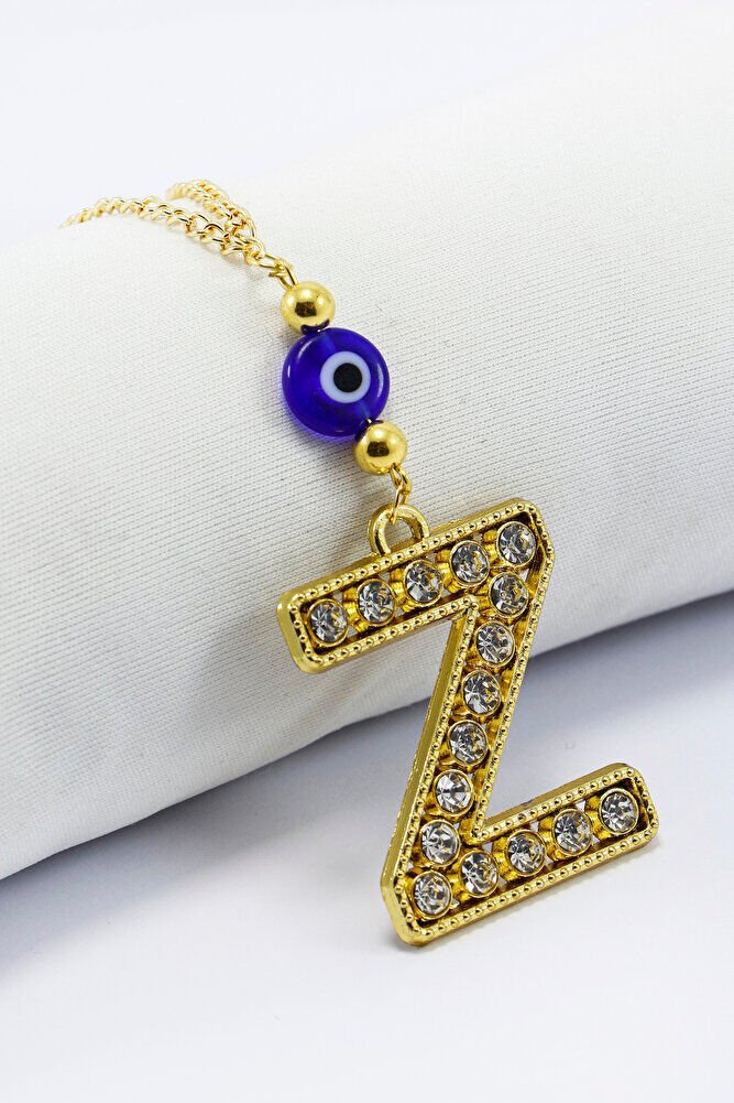 Gold Renkli Parlak Taşlı Yassı Cam Nazar Boncuklu Z Harfi Araba Dikiz Ayna Süsü, Yeni Araba Hediyesi