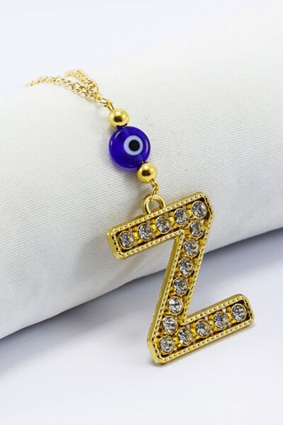 Gold Renkli Parlak Taşlı Yassı Cam Nazar Boncuklu Z Harfi Araba Dikiz Ayna Süsü, Yeni Araba Hediyesi