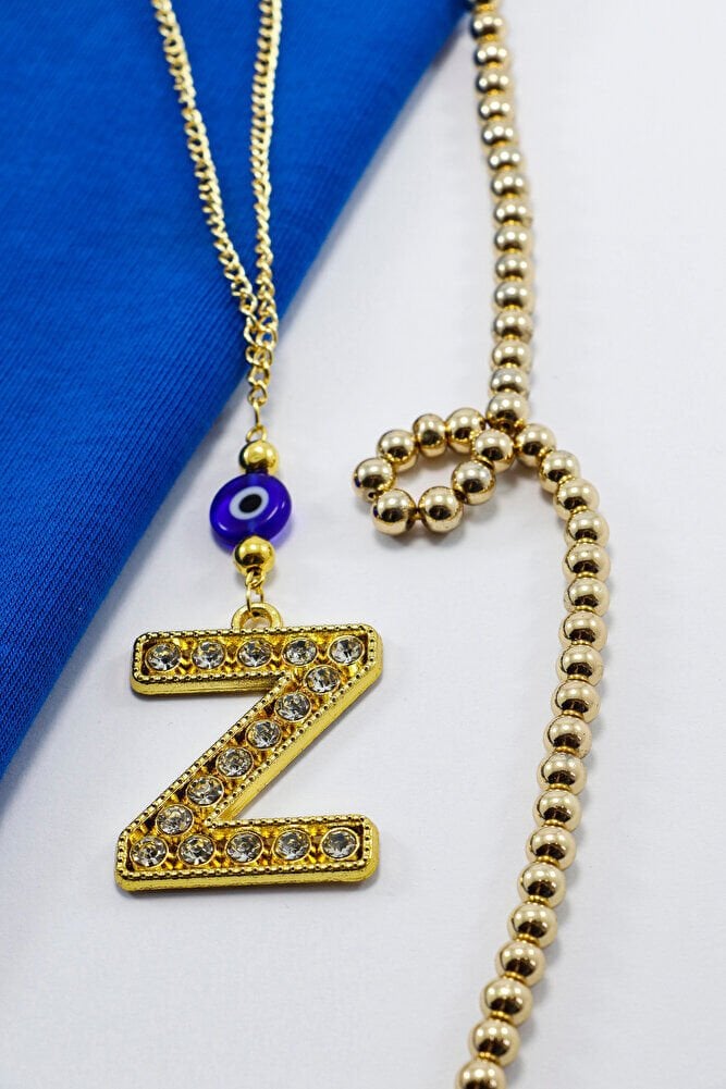 Gold Renkli Parlak Taşlı Yassı Cam Nazar Boncuklu Z Harfi Araba Dikiz Ayna Süsü, Yeni Araba Hediyesi