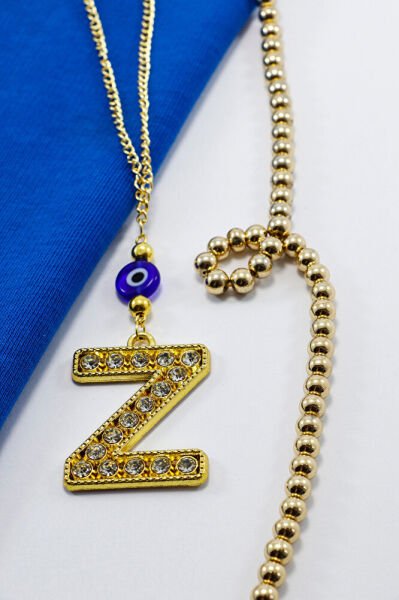 Gold Renkli Parlak Taşlı Yassı Cam Nazar Boncuklu Z Harfi Araba Dikiz Ayna Süsü, Yeni Araba Hediyesi