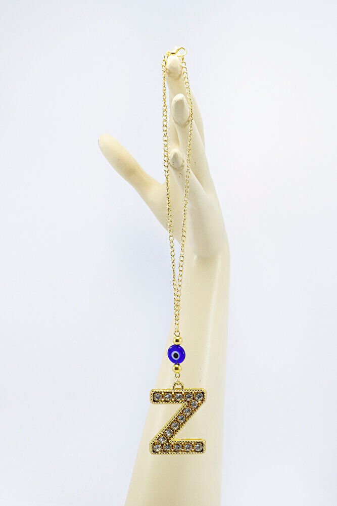 Gold Renkli Parlak Taşlı Yassı Cam Nazar Boncuklu Z Harfi Araba Dikiz Ayna Süsü, Yeni Araba Hediyesi