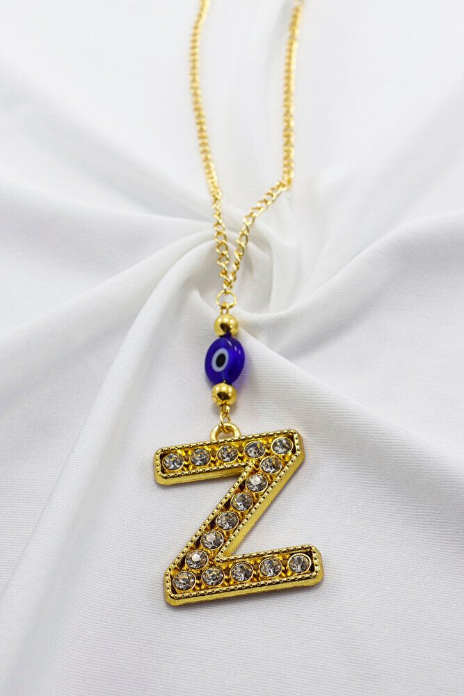 Gold Renkli Parlak Taşlı Yassı Cam Nazar Boncuklu Z Harfi Araba Dikiz Ayna Süsü, Yeni Araba Hediyesi